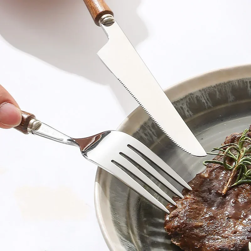 Stainless Steel Dinnerware Set Steak Knife Fork Spoon Tea Spoon Wooden Handle Cutlery Set Western Tableware Kichen Accessories