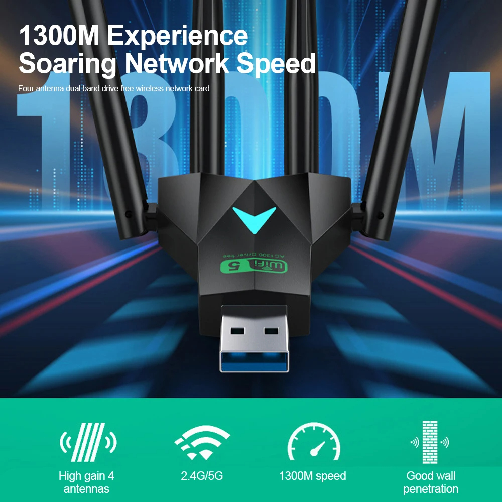 Dual Band 1300Mbps WiFi USB Adapter 2.4G/5Ghz Wi-Fi Dongle USB3.0 802.11AC 4-Antenna Wireless Receiver For PC/Laptop Driver Free