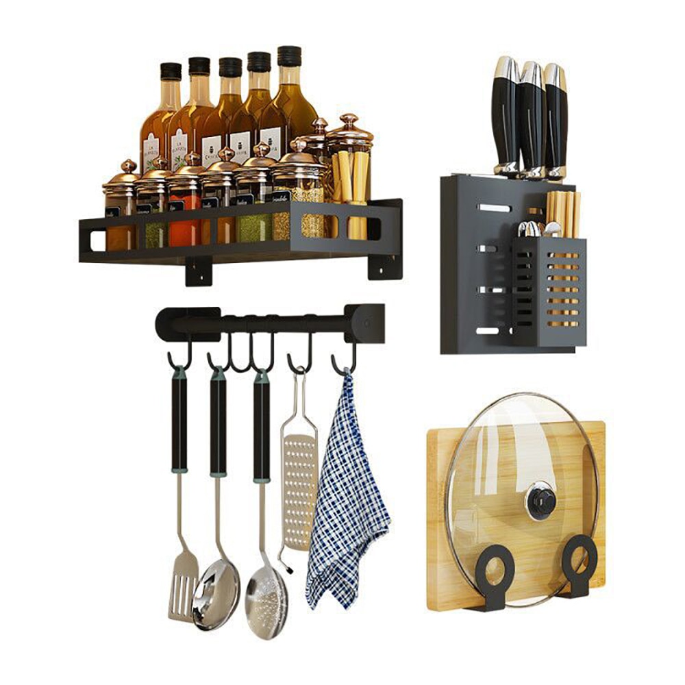 Wall-Mount Spice Racks stainless Kitchen Organizer Storage Shelves Spoon Hanger Hook Kitchen Gadgets Accessories Supplies
