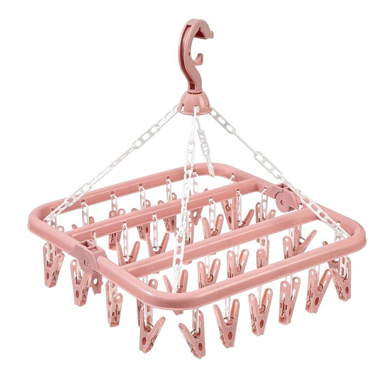 Rotatable Multifunctional Round Drying Rack With 32 Clips Plastic Foldable Clip Space Saving Indoor Socks Drying Rack Hangers: Pink