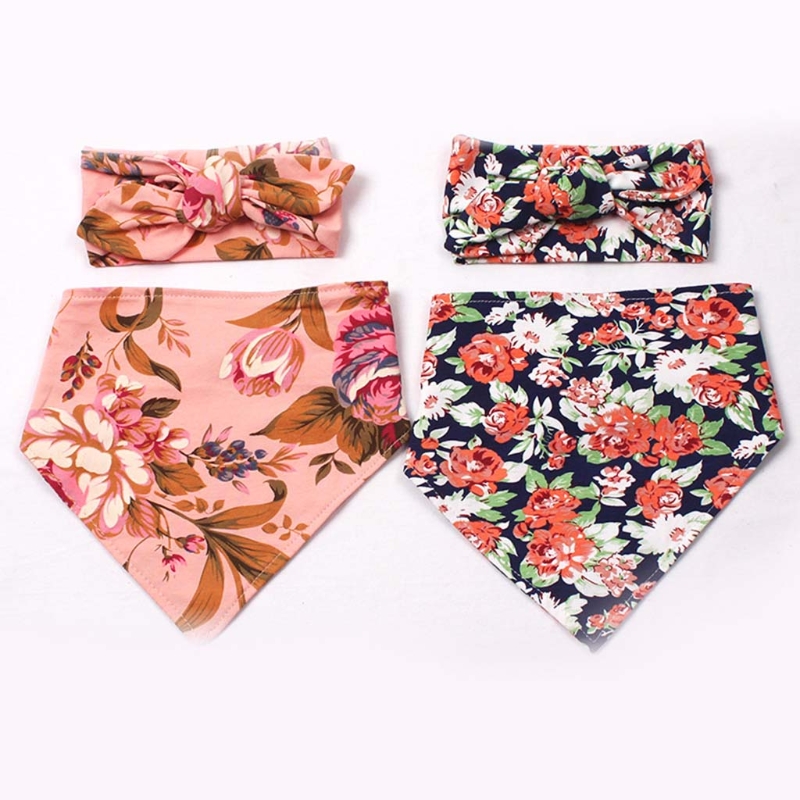 2 Pcs Babyvoeding Kwijl Bib Hoofdband Set Double Side Bloemenprint Slabbetjes Haar Band Kit Speeksel Handdoek Zachte Pure katoen Driehoek Voor