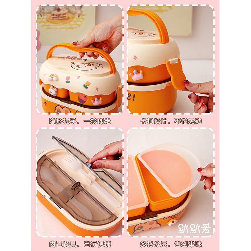 Kawaii Lunch Box Microwave Multi-Layer Student School Bento Box with Independent Box Cutlery Portable Cute Food Storage Boxes