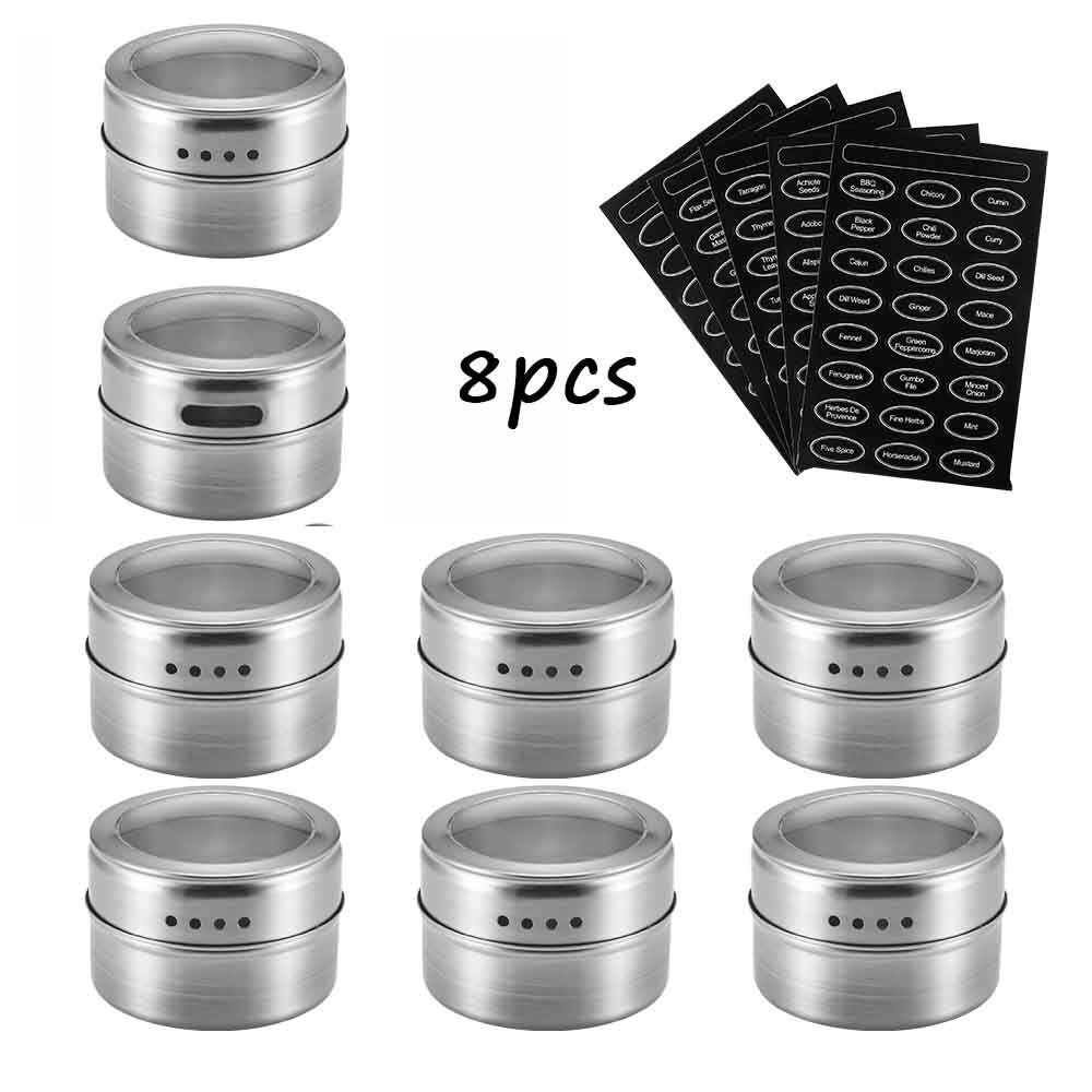 8/12 stk/sett gjennomsiktig lokk magnetisk krydderboks i rustfritt stål kryddersaus oppbevaringsbeholder krukker kjøkken krydderholder: 8 stk med 5 etiketter