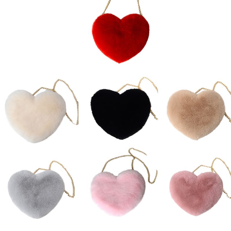 Women's Heart Shaped Faux Fur Crossbody Wallet Purse Chain Shoulder Bag Lady Handbag