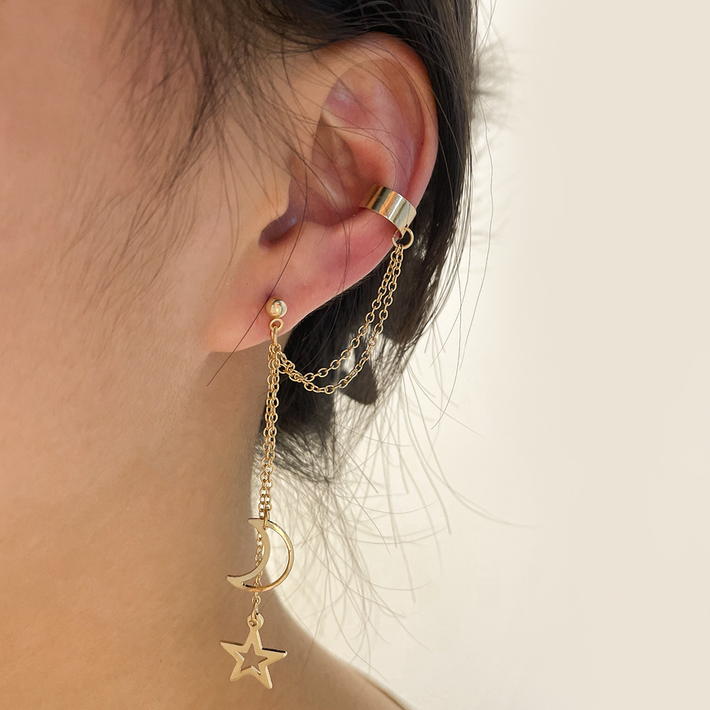 Pendientes con cadena Punk para mujer, Clip de oreja, borla larga, cono puntiagudo, sin agujero para la oreja, E7149: Color dorado