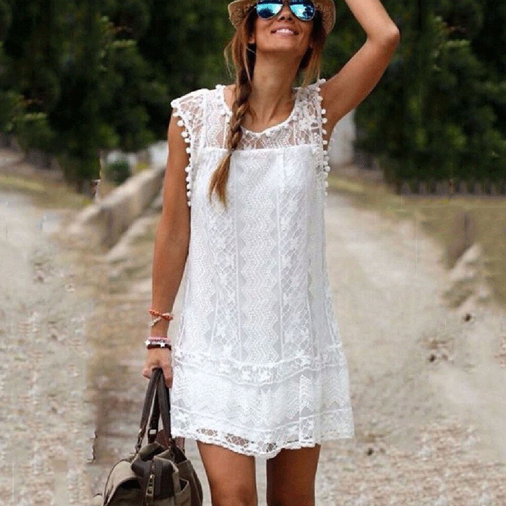 Vrouwen Elegante Zomer Tasell Jurk Solid Casual Lace Mouwloze Beach Korte Jurk Kwastje Mini Jurken Vestidos Mujer # Yj
