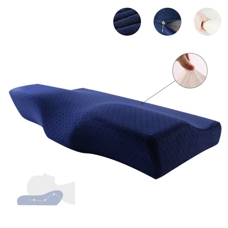 Vlinder Vormige Memory Foam Beddengoed Kussen Bescherming Nek Trage Rebound Slapen Cushionhealth Zorg Cervicale Orthopedische Kussens: blue Lined