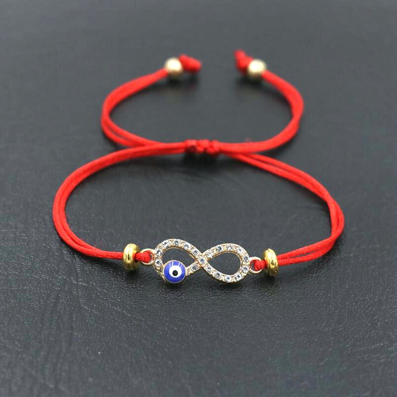 Pulsera con abalorios de circonia cúbica Infinity 8 para hombre y niña, cuerda de hilo de cuerda roja, pulseras para parejas, para niños y mujeres: 8 red gold