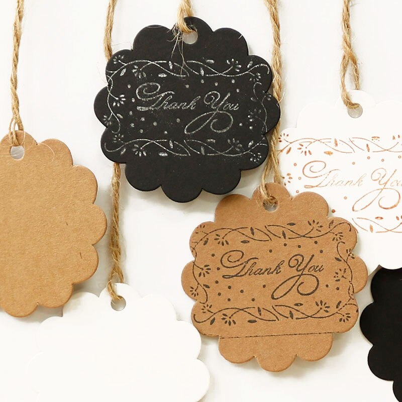 Étiquette en papier Kraft en forme de fleur, étiquette blanche et noire, vierge, à suspendre, pour vêtement, étiquette de prix, 100 pièces