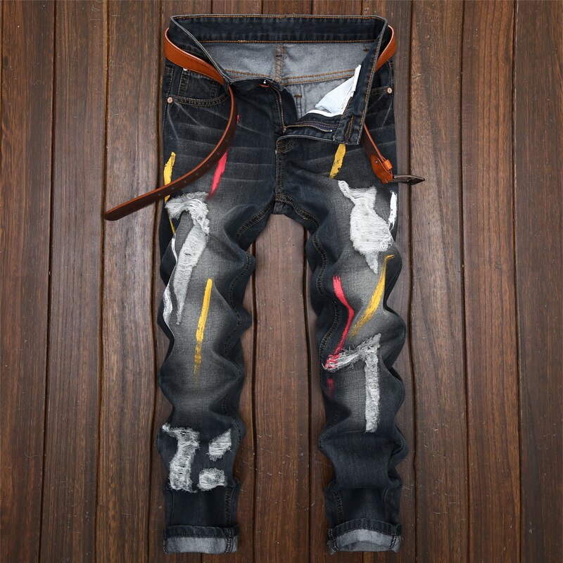 Men's Printed Jeans hole personality nostalgia Slim ripped black jeans men Cotton Straight Leg Cool Jeans For Young Men