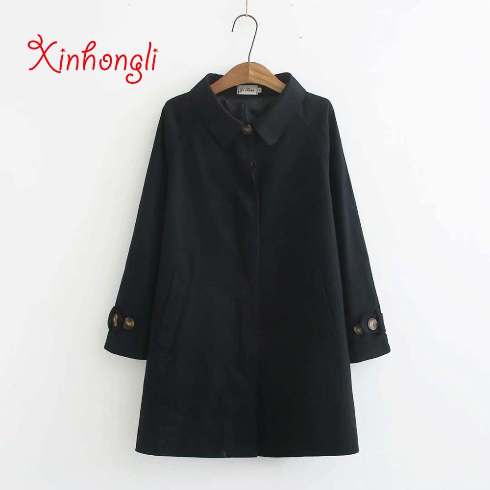 Plus size khaki black women cotton trench coat spring autumn casual ladies Covered Button overwear female tops coats: Black / XXL