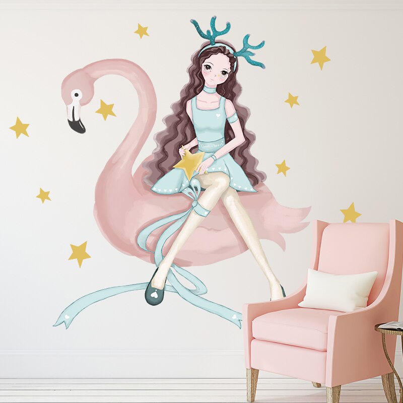Muurstickers voor cartoonmeisjes, doe-het-zelf flamingo-dieren, muurstickers voor kinderkamers, babykamer, kinderkamer, huisdecoratie