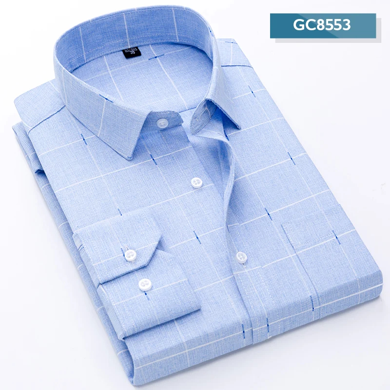 Nueva de camisas para hombre, manga larga, Formal, clásico, a cuadros, informal, suave, cómodo, con un solo bolsillo, con botones, Camisa Social juvenil