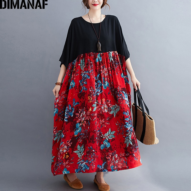 DIMANAF Plus Size Women Dress Print Floral Cotton Sundress Lady Vestidos Spliced Black Loose Casual Maxi Dress 5XL 6XL Clothing