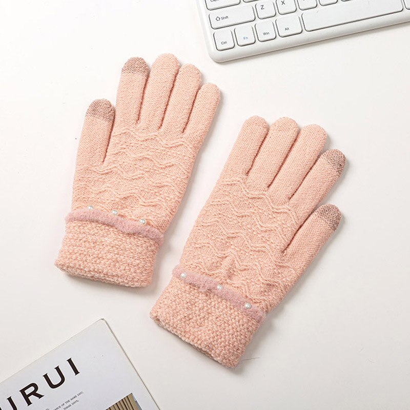 Vinter stickade handskar för kvinnor tjocka varma handskar kvinnlig pärladekoration pekskärm full fingrar handledsvantar damer guantes: Ljusrosa