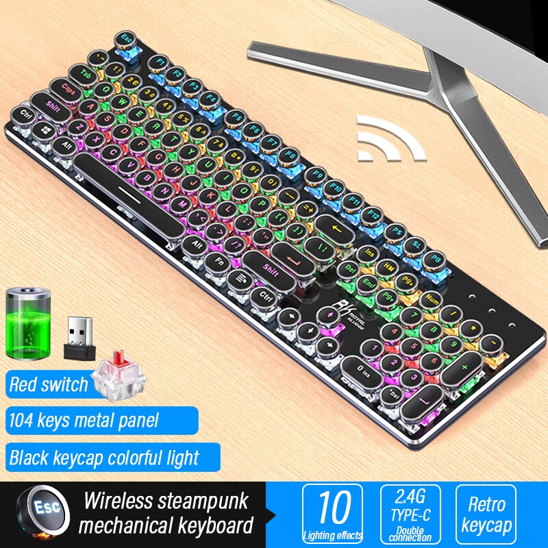 Wireless Retro Punk Mechanical Keyboard English Layout 104-Keys Backlit Anti-Ghosting Gaming Keyboard Blue/Black/Tawny Switch: Red Switch