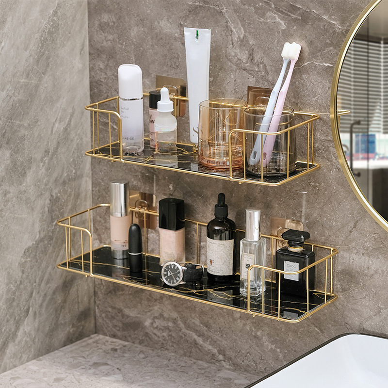 Luxuriöses Badezimmerregal ohne Bohren, Eisen-Wandregal mit Glasplatte Ich bin Marmor-Stil, machen-hoch-Aufbewahrungsregal, Badezimmer-Accessoires