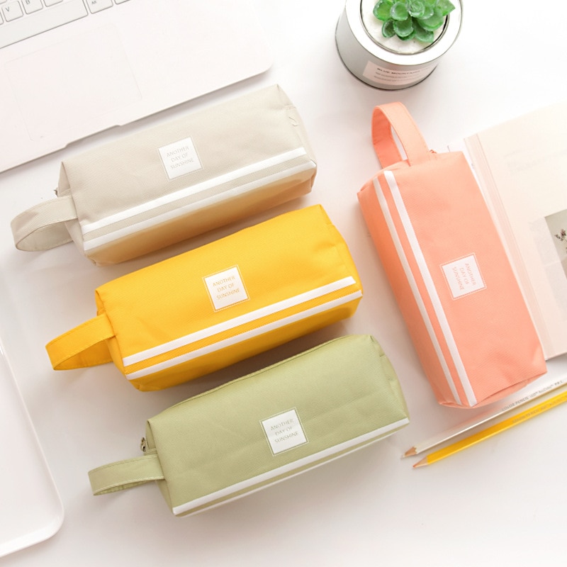 Pencil Case Solid Estuche Escolar Large Capacity Etui Pennen Box Trousse Scolaire Stylo Pencilcase Stripe Canvas Double Zipper