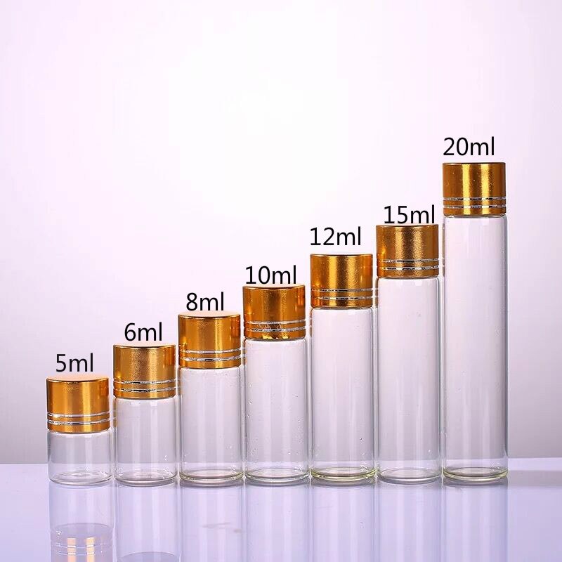 Bouteilles en verre avec bouchon en aluminium or/argent, 5/6/7/8/10/12/15/20/25ml, 20 pièces