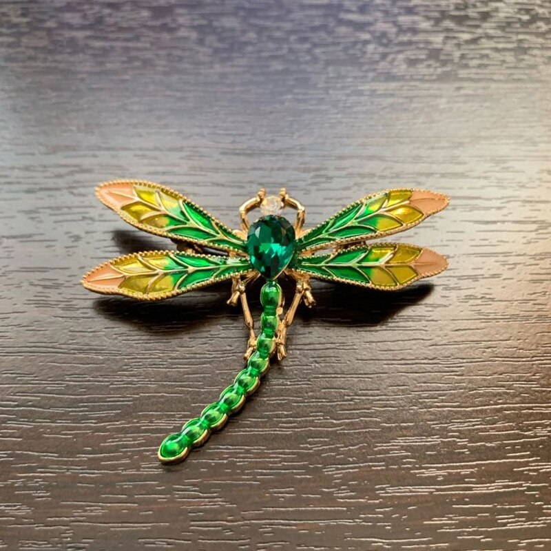 Broches de libélula esmaltados de cristal verde para mujeres y hombres insectos de Metal boda banquete broche de alfileres