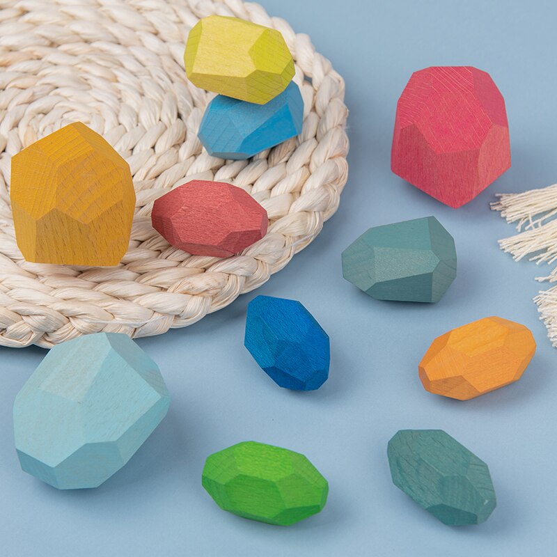 Children Colored Stone Jenga Stacking Blocks Educational Toy Nordic Style Rainbow Stone Wood Blocks Baby Wooden Toys