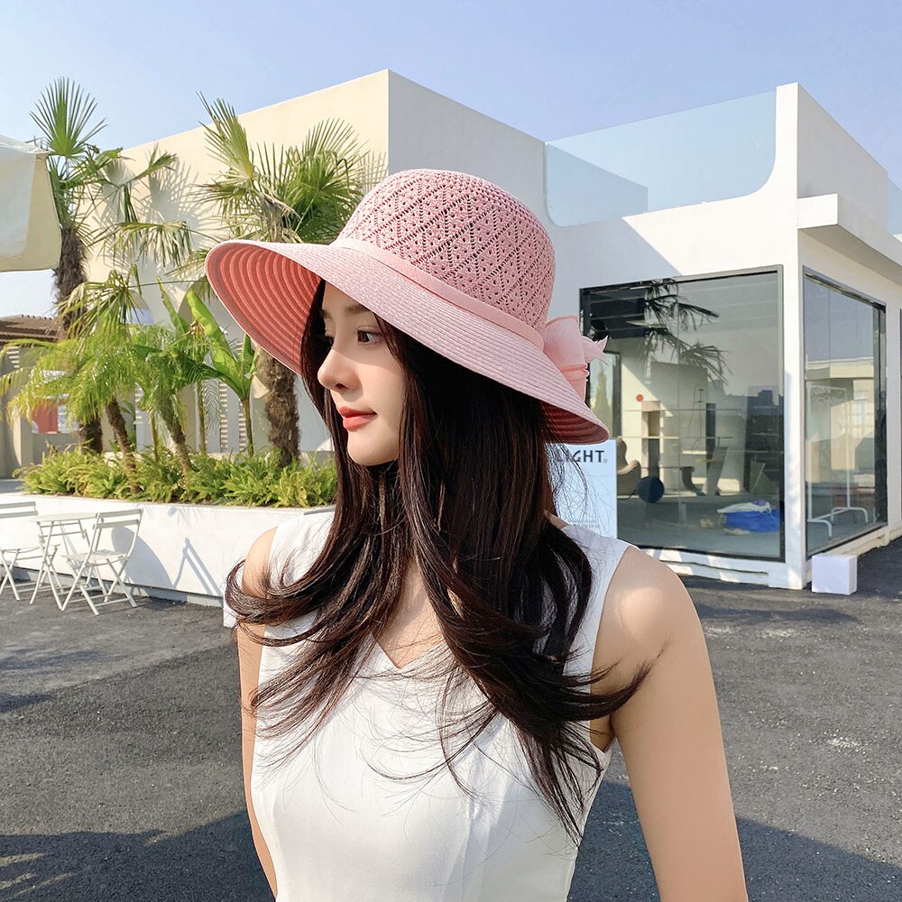 Sombrero de paja con ventilación para mujer, sombrero de paja con visera para senderismo, Accesorios de playa