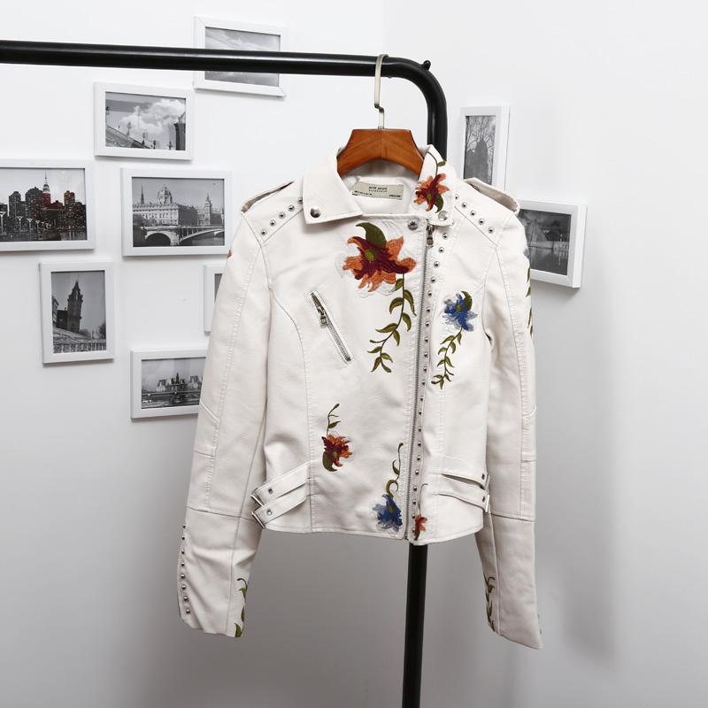 FTLZZ-chaqueta de cuero PU con bordado Floral para mujer, abrigo con cuello vuelto, ropa de calle, prendas de vestir Punk negras para motocicleta: Beige / L