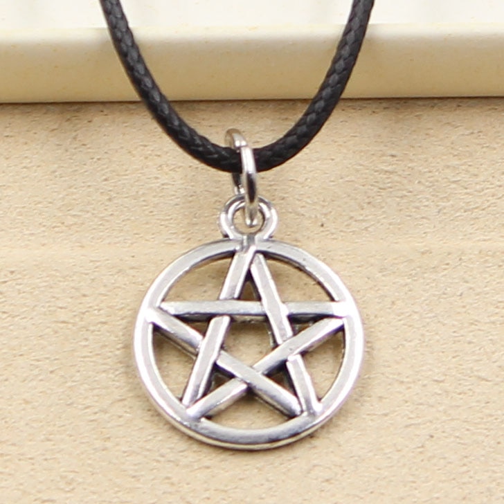 Tibetan Silver Color Star Pentagram Pendant Necklace Choker Charm Black Leather Cord Factory Price Handmade Jewelry