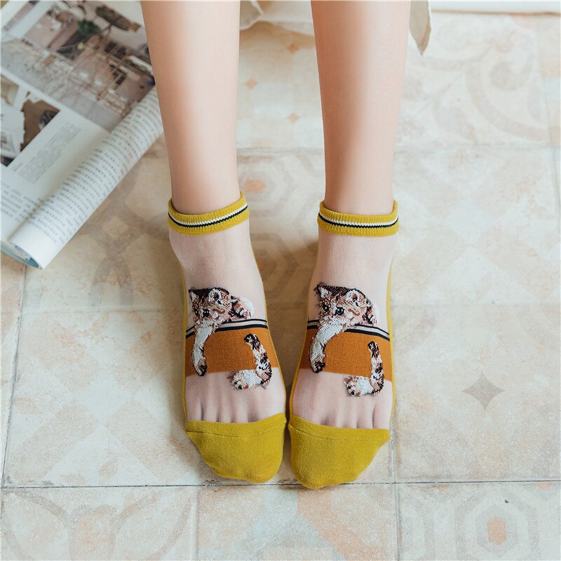 Damessokken lente cartoon katten koreaanse stijl trendy dunne zomer casual enkelsokken bedrukte vrouwelijke grappige sokken