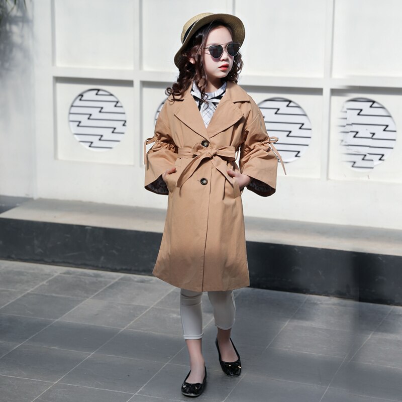 4-14y Girls coat autumn overcoats flare sleeve children's clothing jackets pockets medium-long kids outerwear