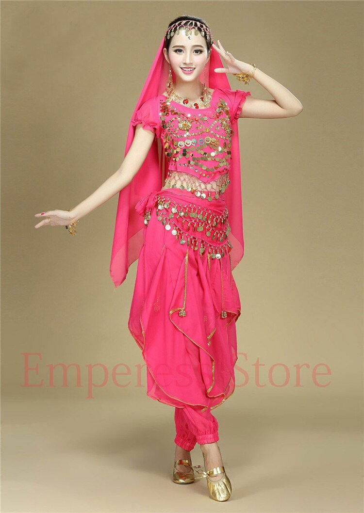 4 unids/set de traje de baile hindú para danza del vientre, conjunto de trajes de danza Oriental para actuaciones en escenario: 4pcs Hot Pink