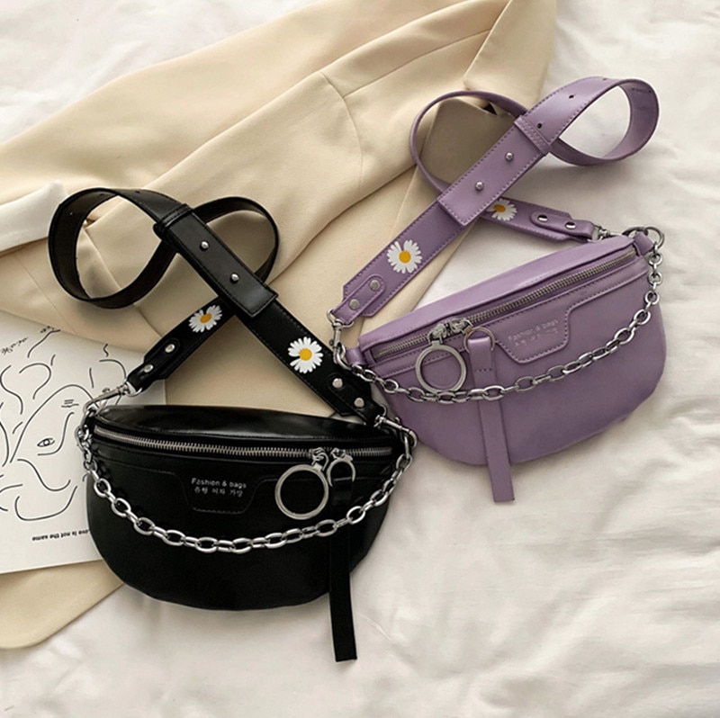 Women's Belt Bag Little Daisy PU Leather Chain Sum Per Band Fanny Pack Bananka Satchel Belly Band Waist Bag