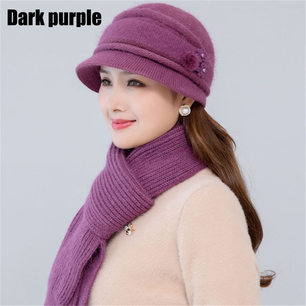 2/3pcs/Set Ladies Warm Thick Women Hat Scarf Set Knitted Beanies Caps Winter Hats Knitted Gloves Winter Hats: dark purple-2pcs
