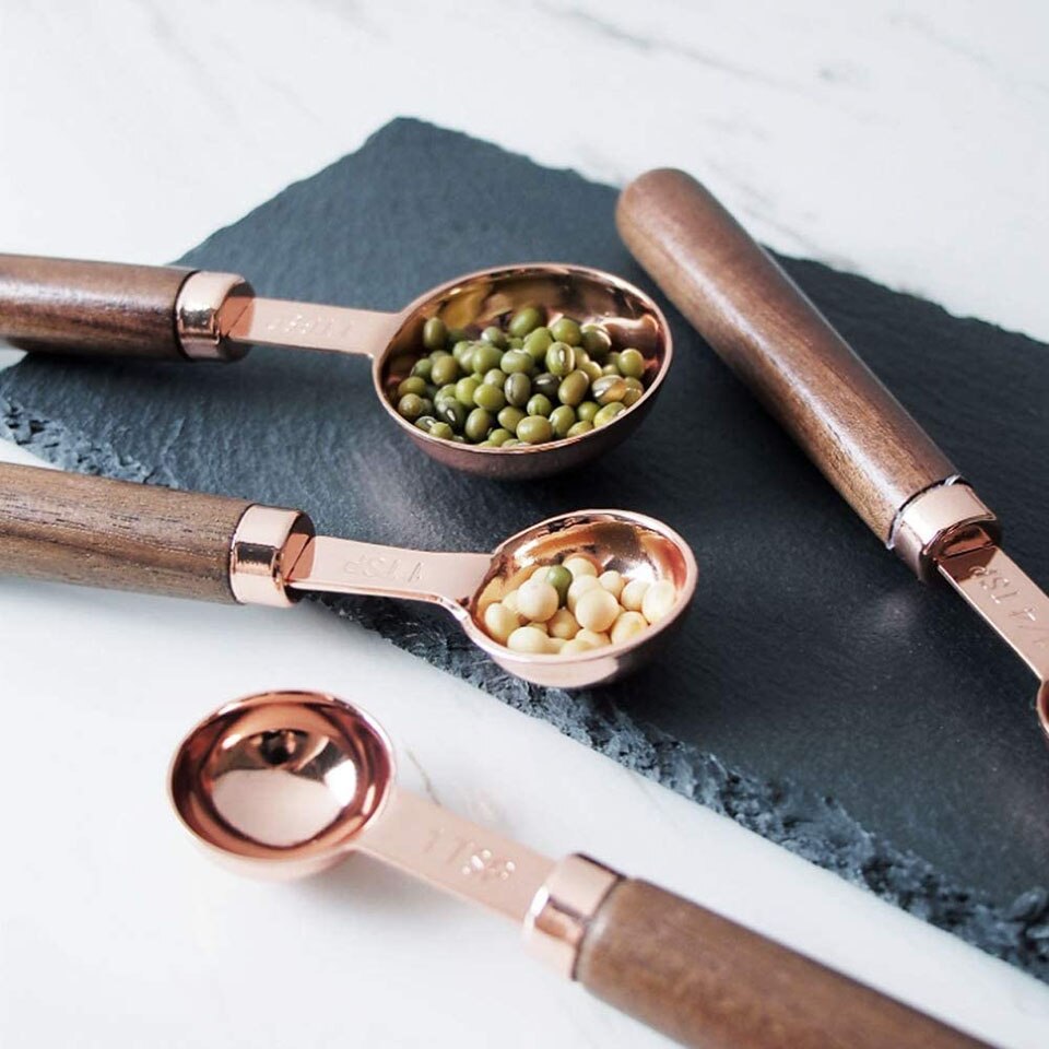 4 Piece Measuring Spoon Set Walnut Handle Measurements Premium Stainless Steel Mirror Polished Cup For Measuring Baking