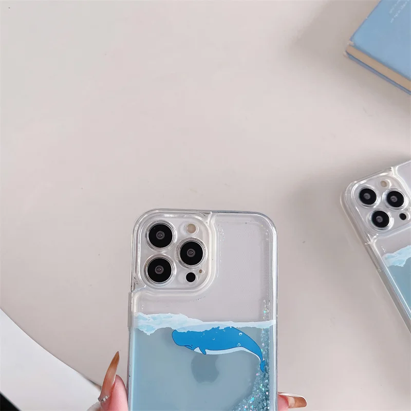 Glanzende Sparkles Drijfzand Case voor iPhone 13 14 Pro Max Cover Shark Dolphin El Iphones 16 15 15 Pro Funda Vloeibare Carcasa Zachte Romp