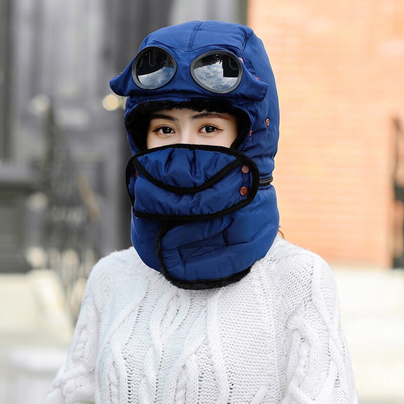 Winter Warme Muts Met Bril Multifunctionele Lei Feng Hoed Koude-Proof Plus Fleece Hat Riding Warm Katoenen Muts Winddicht nek Hoed: women blue