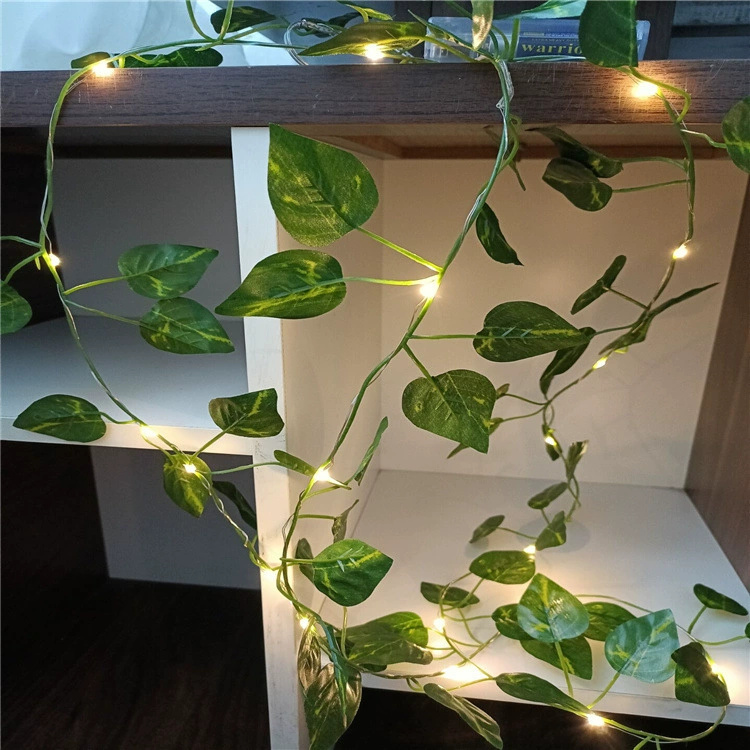 Guirnalda de luces LED de plantas artificiales, 20/50/100LED, hojas verdes, funciona con pilas para colgar decoración navideña, 1 ud.