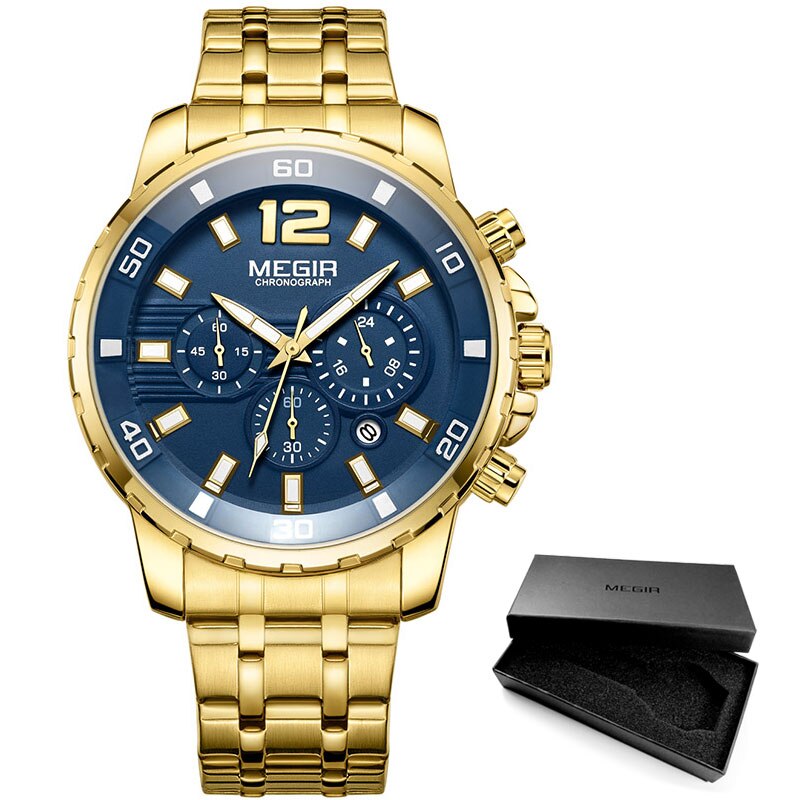 Megir Mannen Goud Rvs Quartz Horloges Business Chronograaf Analgue Horloge Voor Man Waterdichte Lichtgevende 2068GGD-2N3: M2068-Gold blue