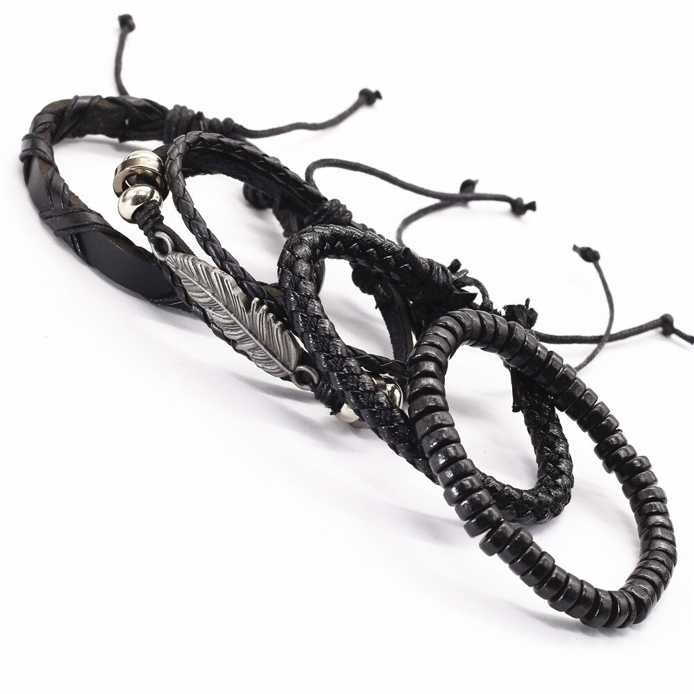 Pulseras de cuero Vintage en negro y marrón para hombre y mujer, ganchos de aleación de bronce para plumas, Charm Wood de búho, cuentas, joyería