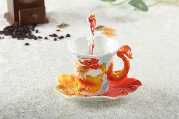 Enamel Porcelain Dragon Phoenix Coffee Cup Dragon Mug Tableware Set: Dragon 1