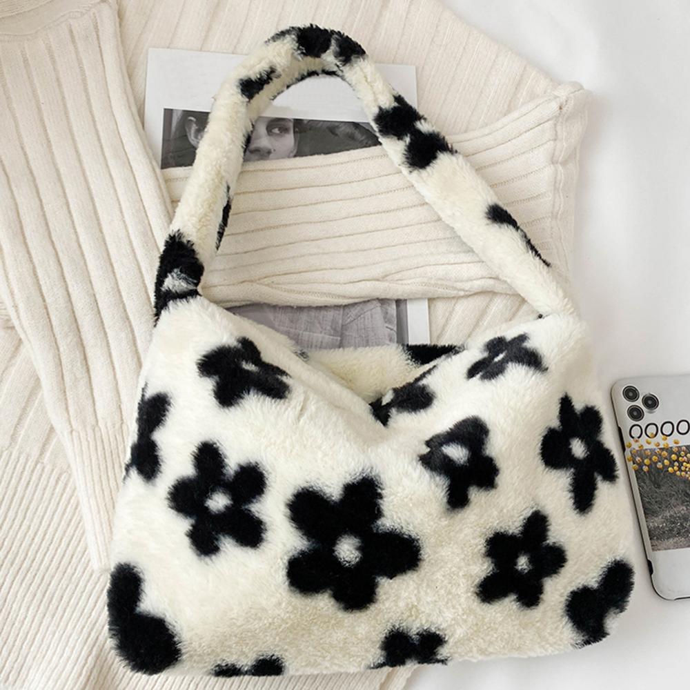 INS Women Winter Plush Flower Pattern Small Shoulder Bags Female Underarm Bags Faux Fur Handbag Furry Fluffy bolsas