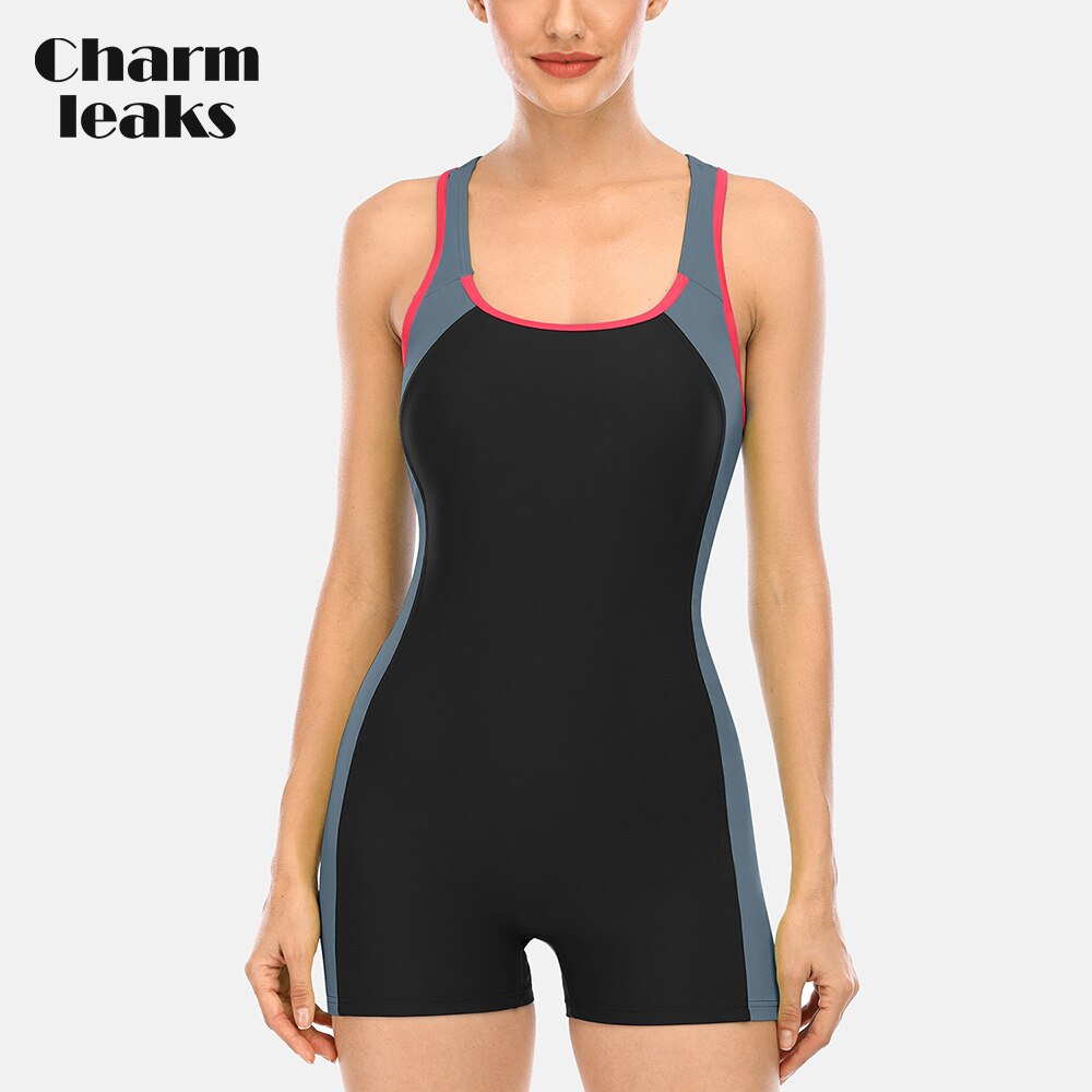 Charmleaks One Piece Women Sports Swimwear Sports Swimsuit Colorblock Swimwear Open Back Beach Wear Bathing Suits Bikini: S / GRAY