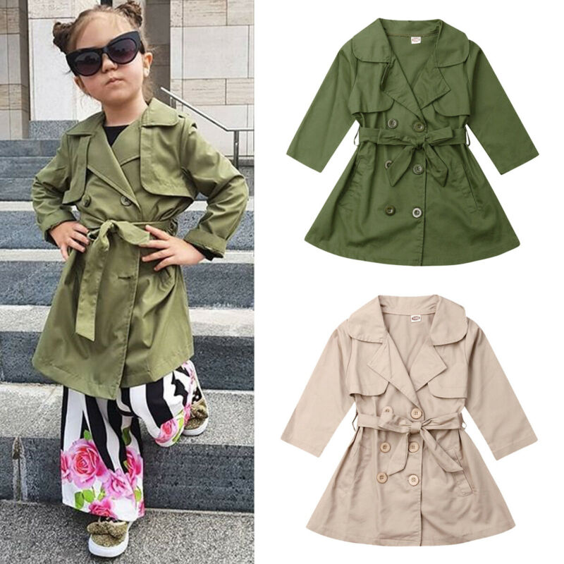 Girls Long Trench Coat Double Breasted Quilted Button Up Kids Autumn Jackets