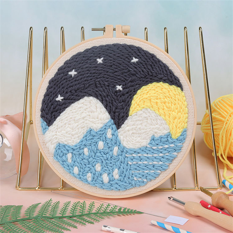 Scenery Moon Punch Needle Embroidery Starter Kits DIY Craft Set Rug Hooking Punch Needle Tool With Threader Fabric Wool Yarn