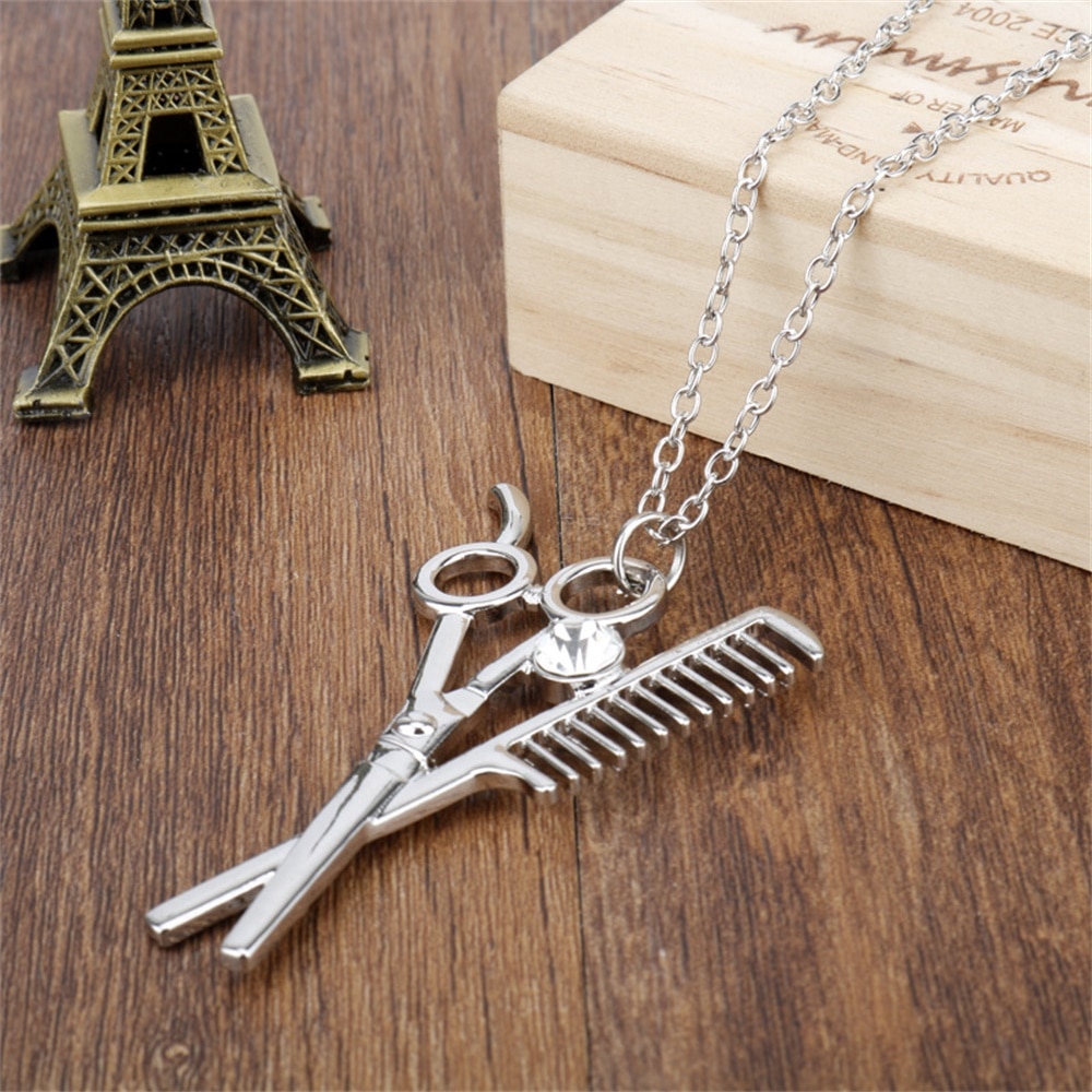 Beautician Hairdresser Necklace Scissors Comb Hairdresser Stylist Pendant Necklace for Women Men Pendant Jewelry