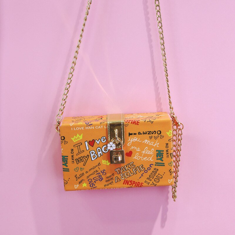 Alphabet Graffiti kleine quadrat Kasten kette schulter umhängetaschen niedlichen kupplung geldbörse abend mit schloss: licht braun