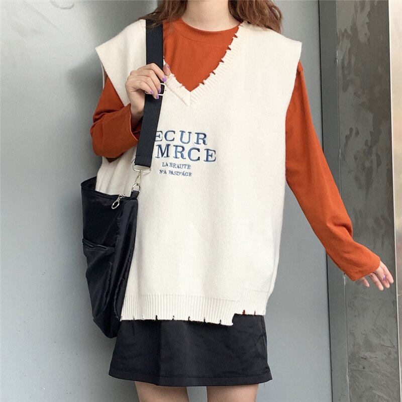 Blå bogstav oversize strik veste kvinder efterår koreansk stil v-hals løs sweater veste kvindelige csual streetwear veste