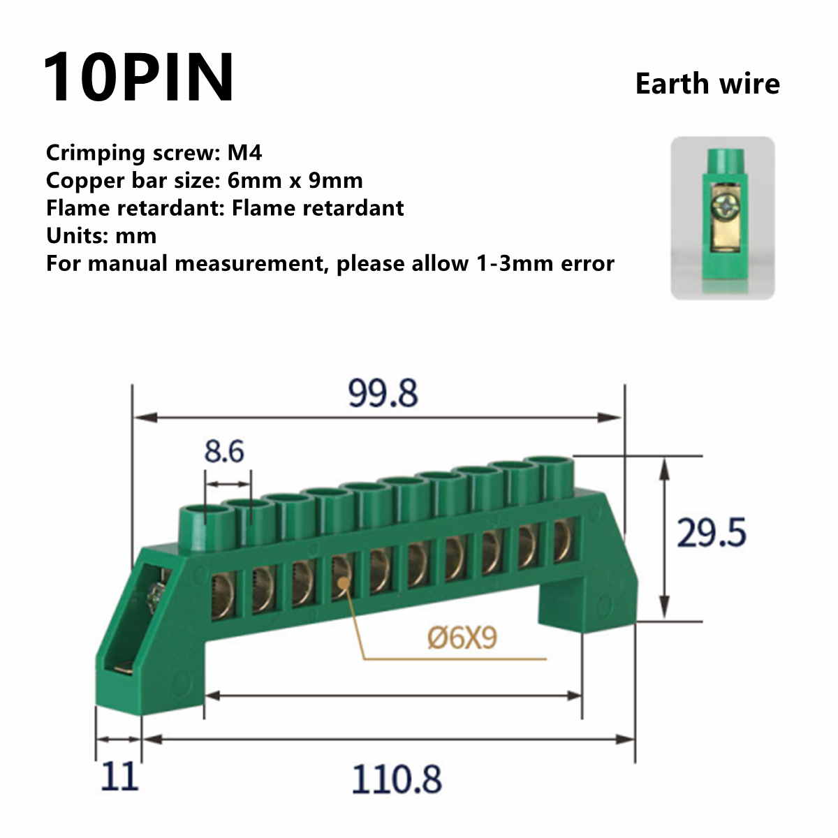 Blue White Green Zero Line 4Pin 6Pin 8Pin 10PiN 12PiN Brass Screw Grounding Bridge Terminal Block Connector Earth And Neutral: Green 10 Pin