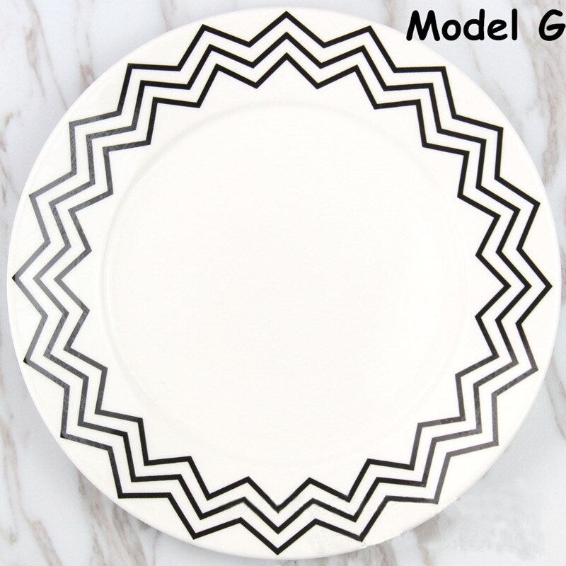 Assiette plate à figures géométriques, style simple, plat à salade, plateau à nourriture en céramique, assiette à pâtes, vaisselle, plat à petit-déjeuner, noir et blanc: Modèle g