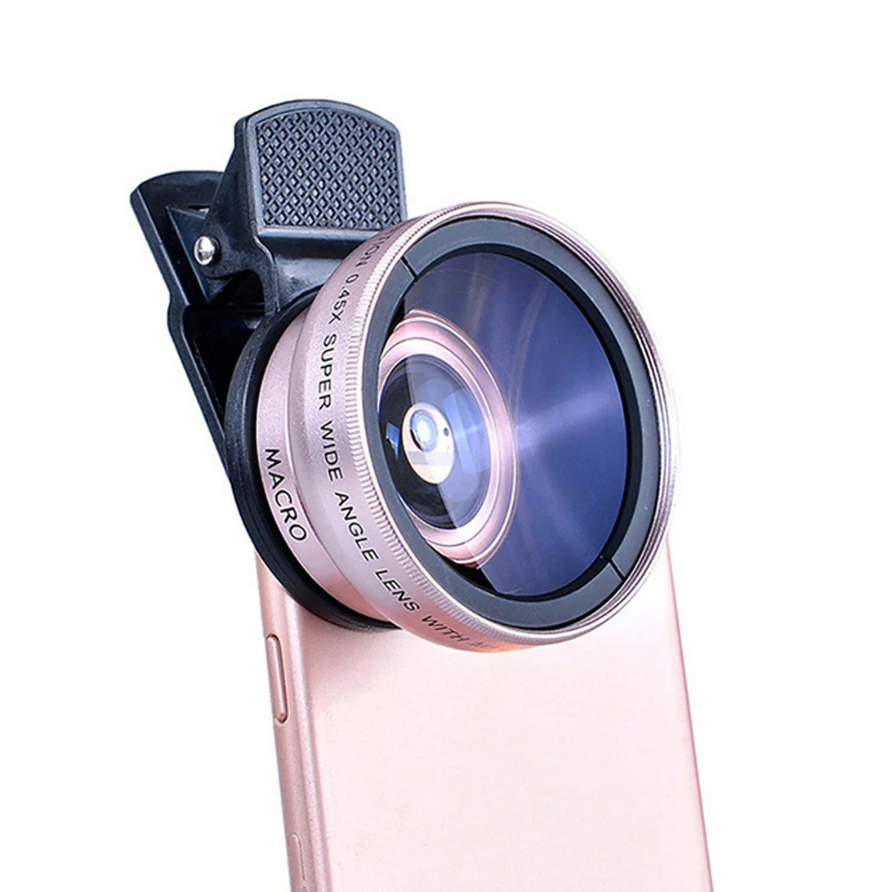 Professionele 2-in-1 universele lensclip 37mm telefoonlens 0.45x 49uv supergroothoek + macro HD-lens voor alle smartphones: Oranje